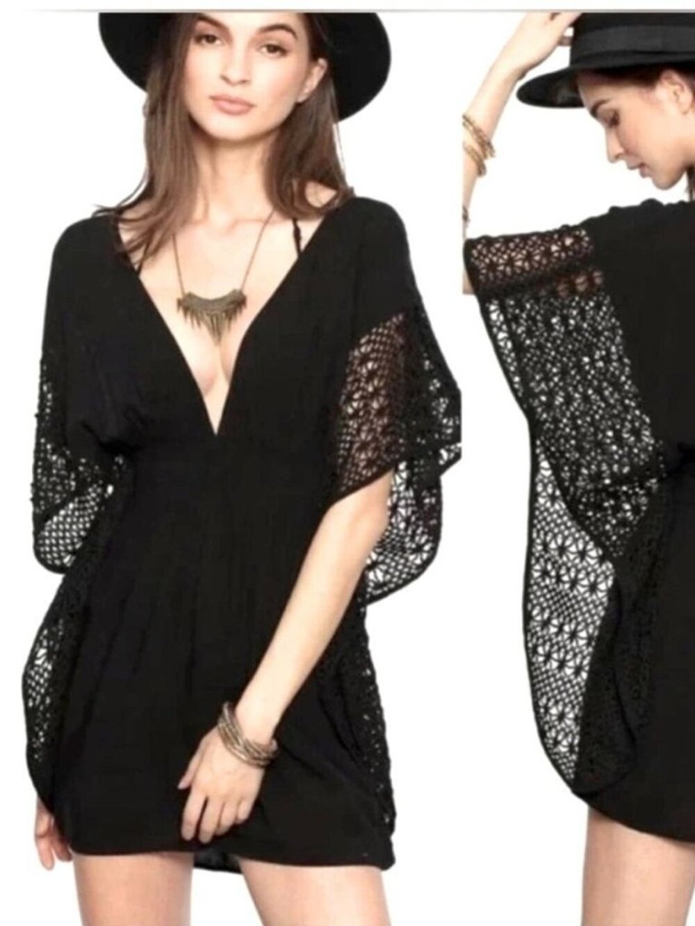 Victoria's Secret Black Crochet Swim Cover Up Tunic. Size L. Beachy Boho